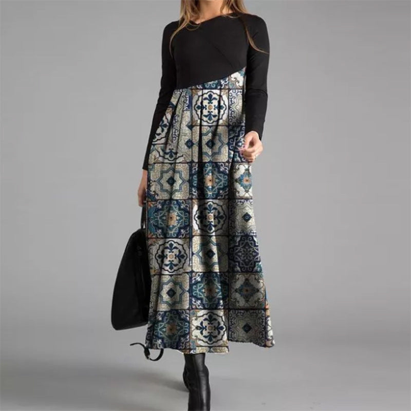 Vorano-Dublin™ | Black & Blue Vintage Tile Maxi Dress