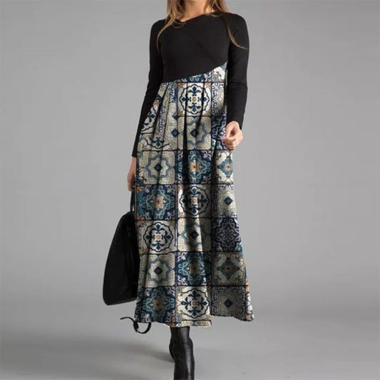 Vorano-Dublin™ | Black & Blue Vintage Tile Maxi Dress